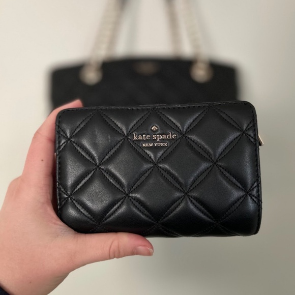 Kate Spade Quilted Leather Shoulder Bag + Matching Wallet | Classic Black Gold H - Picture 7 of 8